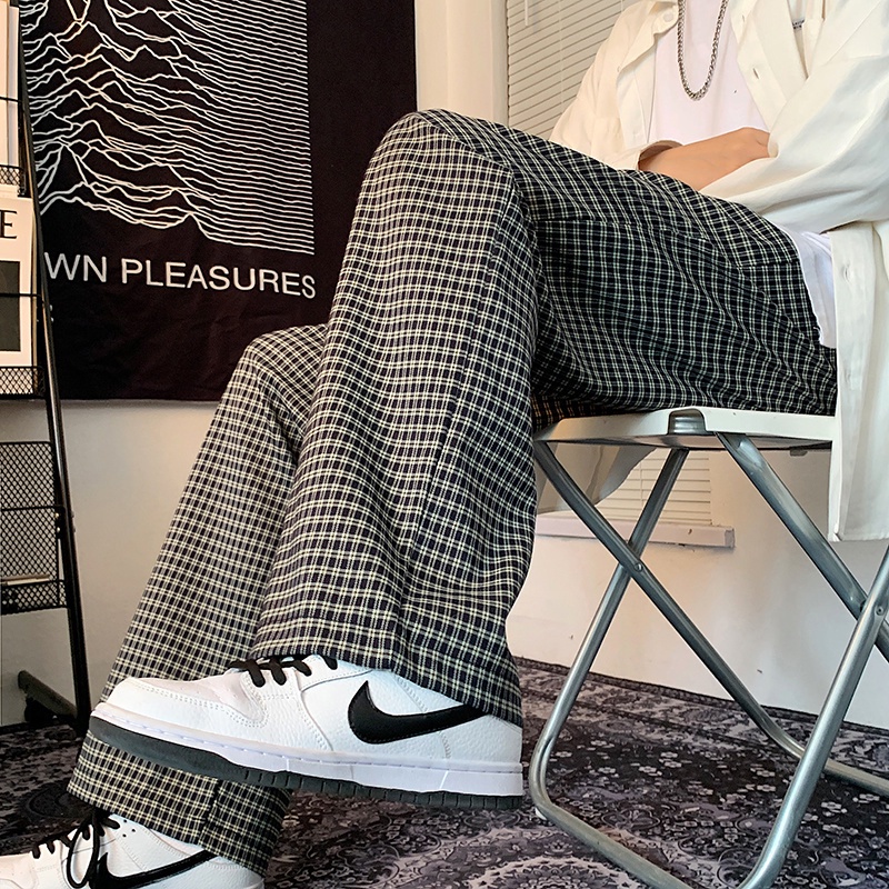 Quần ống rộng họa tiết kẻ caro phong cách retro Mỹ