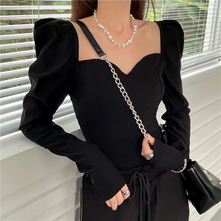 Áo Thun Tay Dài Phồng Dáng Ôm Thời Trang Hàn Quốc Dành Cho Nữ