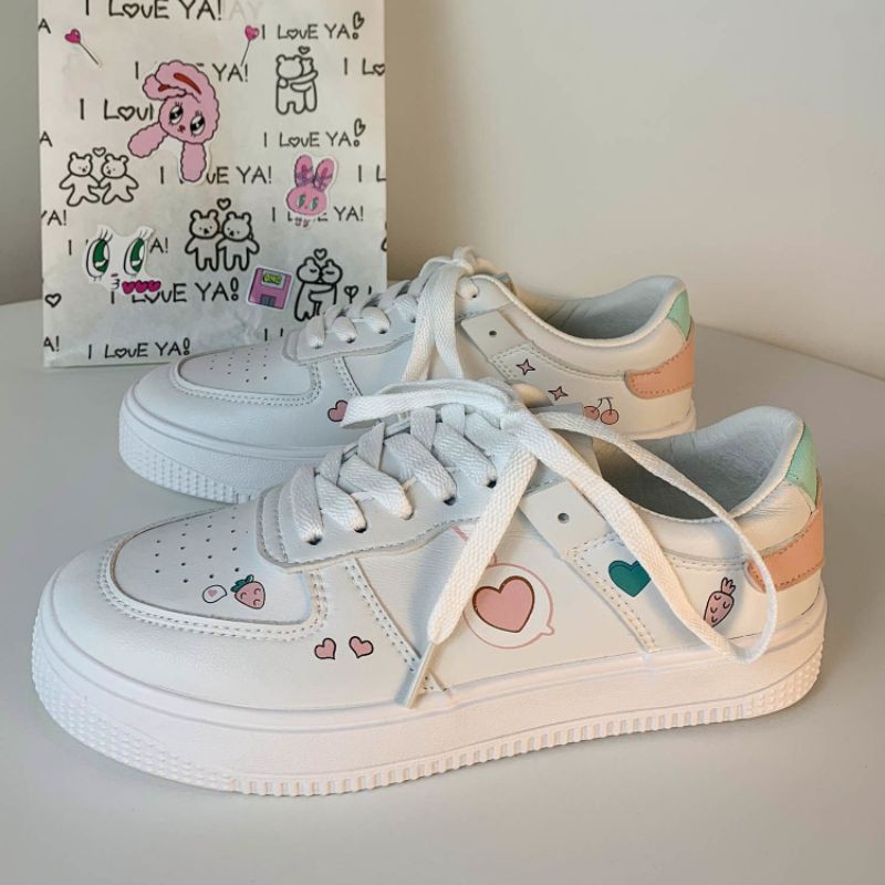 [Order] Giày sneaker nữ màu trắng viền màu hình trái cây hồng nhạt xinh ulzzang