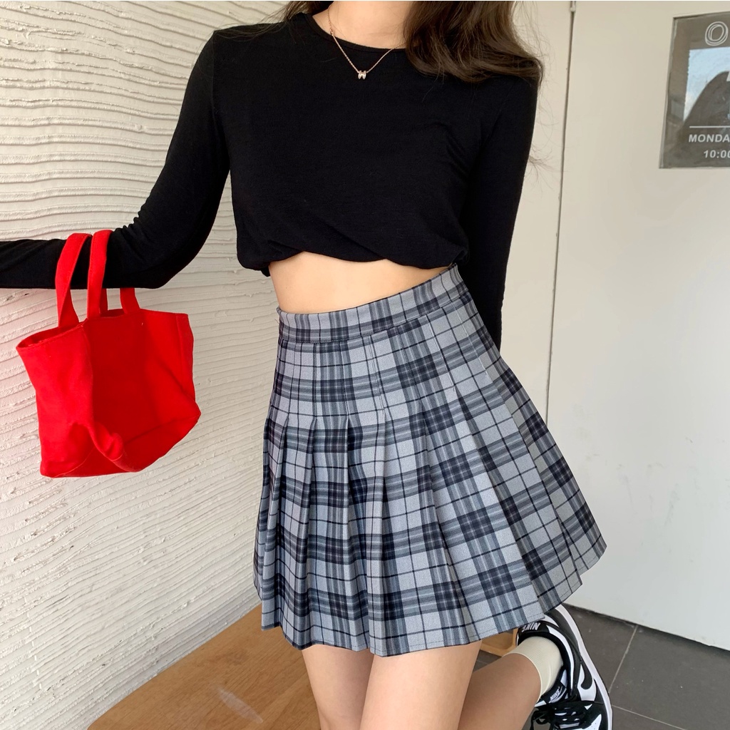 SUXI Chân Váy Chữ A Lưng Cao Họa Tiết Sọc Caro Phong Cách Hàn Quốc Cho Nữ