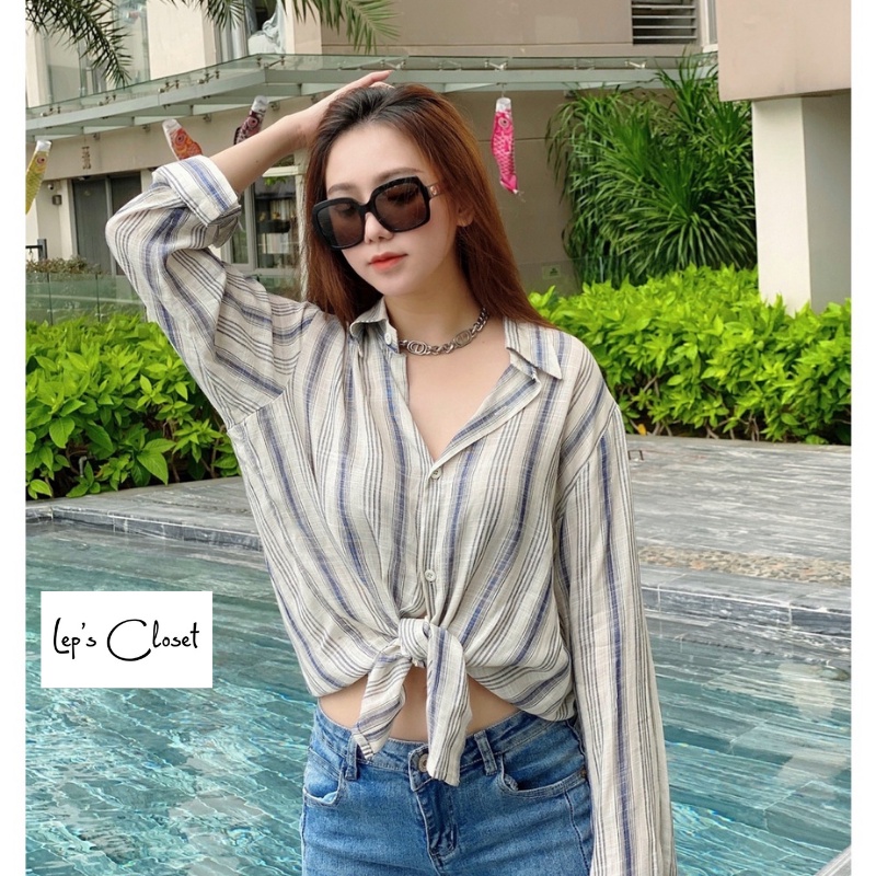 Áo sơ mi nữ Cotton sọc tay dài , áo sơ mi giấu quần khoát ngoài cá tính