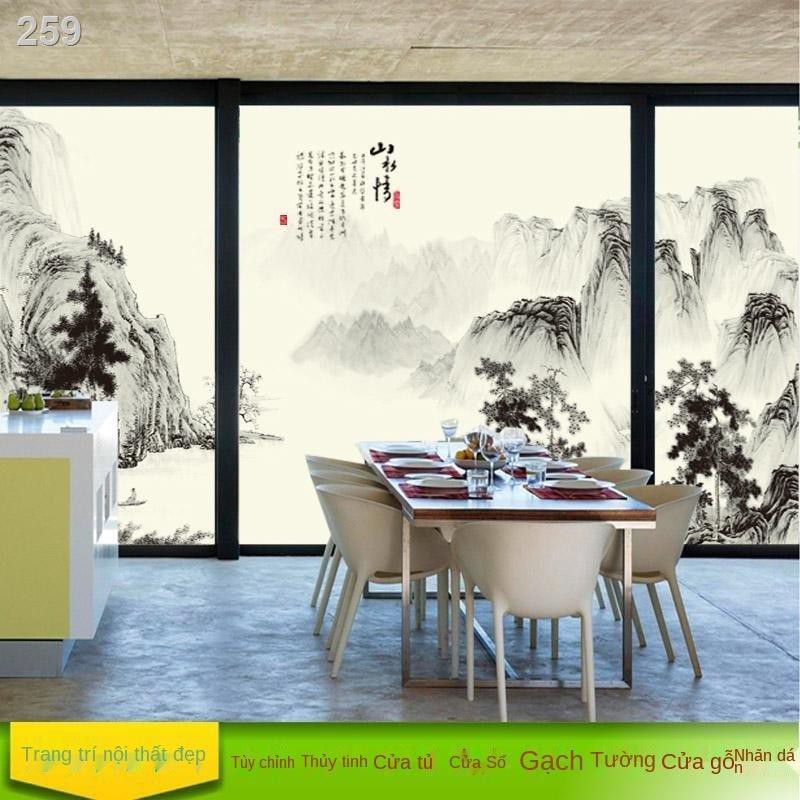 【giá cực rẻ】Tranh phong cảnh mực Trung Quốc tùy chỉnh, Tủ quần áo cửa trượt Giấy dán kính, Vách ngăn văn phòng kính tra