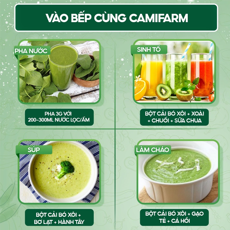 Bột Cải Bó Xôi CAMIFARM Bột Rau Củ Sấy Lạnh Hữu Cơ 100% Túi 80G