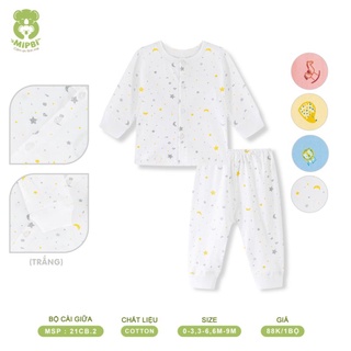 Bộ sơ sinh dày tay cài giữa cho bé MipBi Trắng Pure Cotton