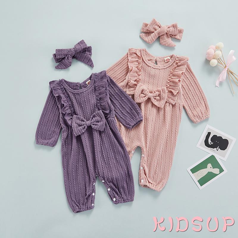 Set Áo liền quần tay dài cổ tròn + băng đô cài tóc nhiều màu sắc cho bé