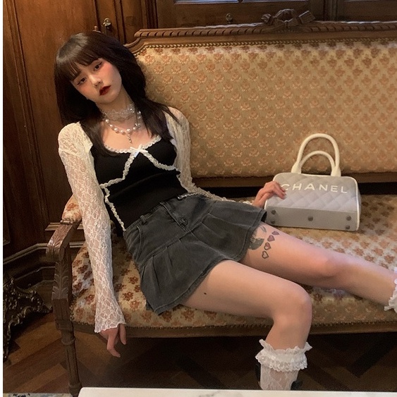 Xiaozhainv Chân váy jean lưng cao phong cách Hàn Quốc thời trang cho nữ