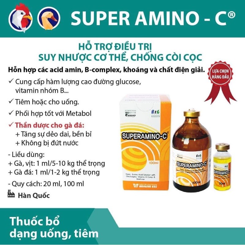100ml SUPER AMINO C - Trợ lực, tăng sức đề kháng cho gà đá, gà tre, gà cảnh, chim cảnh, chó, mèo, heo
