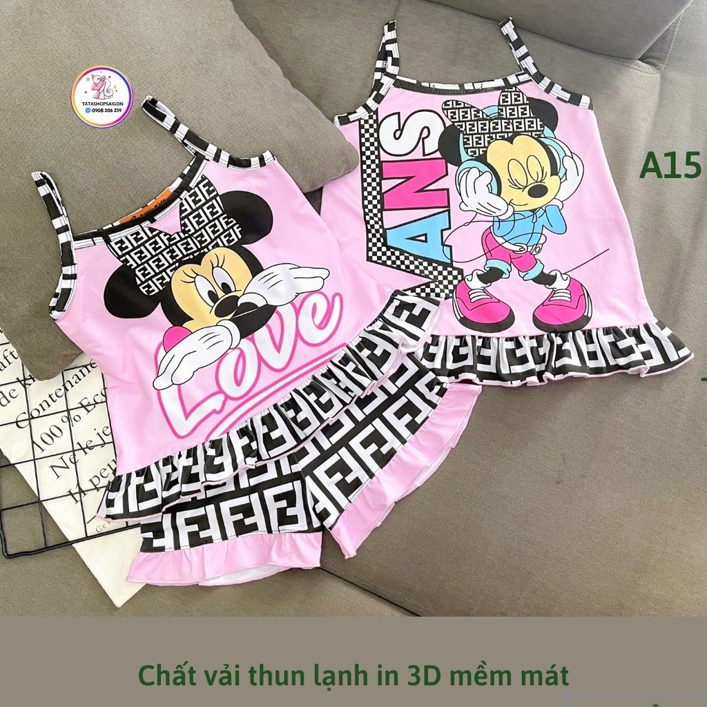 Đồ bộ hai 2 dây bé gái thun lạnh 3D hoạt hình size đại 20 đến 42kg A15