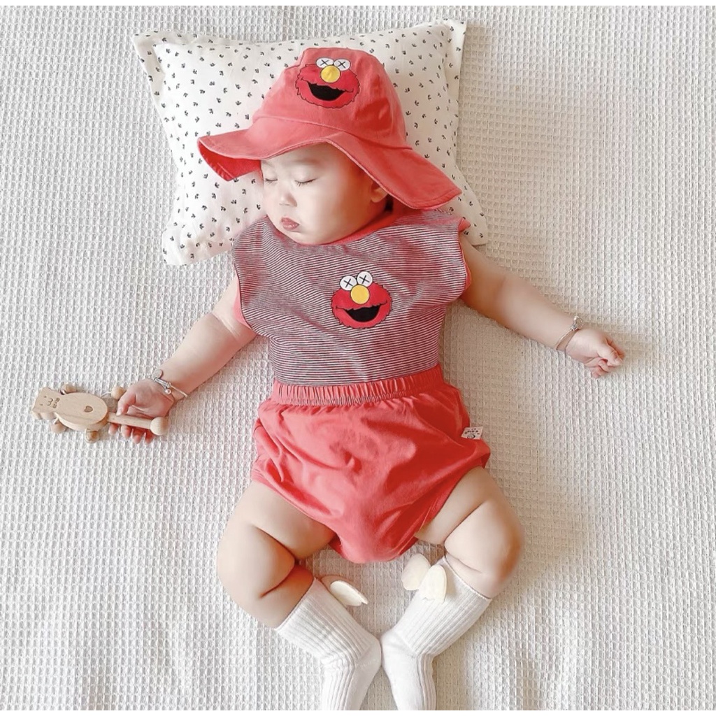 XẢ HÀNG Bộ quần áo ba lỗ in hình ngỗ nghĩnh, bộ quần áo sát nách Sesame Street dễ thương chất cotton 4c mịn mát