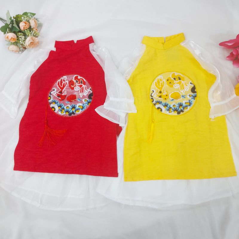 🥰 Sét áo dài bé gái  tay phối cao cấp họa thêu sắc nét nổi bất. áo dài tết hàng thiết kế