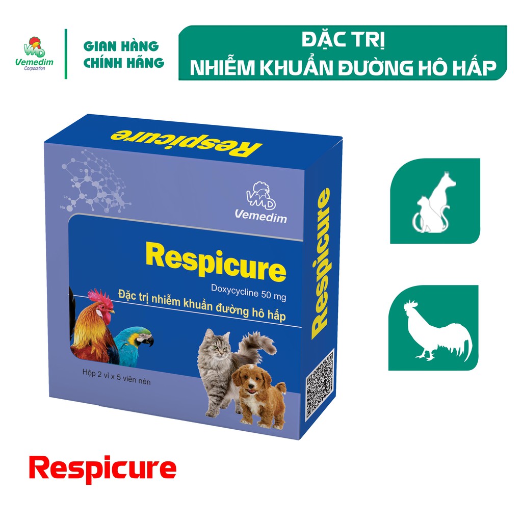 Vemedim Respicure dùng cho chó, mèo, chim cảnh, gà đá hô hấp, hộp 10 viên