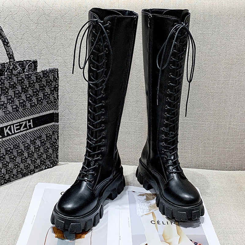 Giày bốt IELGY cổ cao thắt dây phối khóa kéo phong cách đường phố thời trang cá tính dành cho nữ