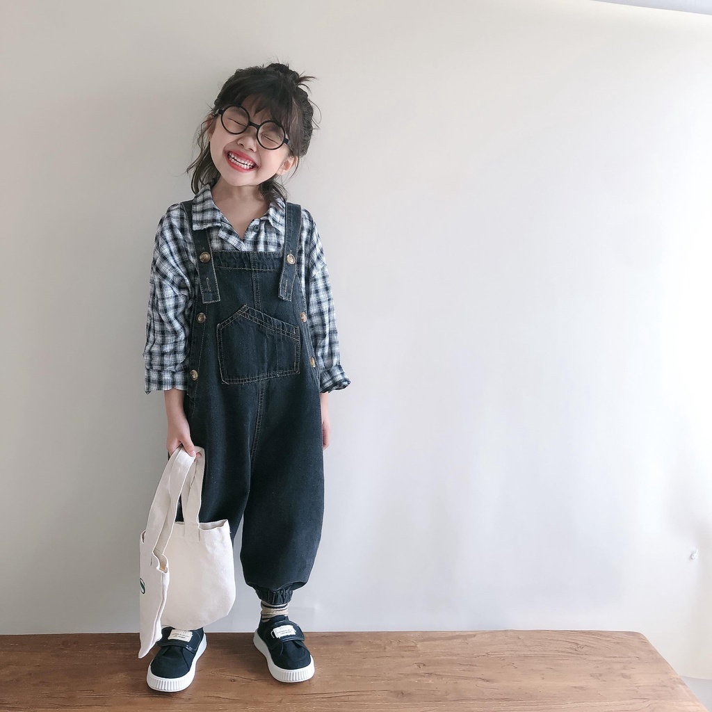Bộ Áo Sơ Mi Denim + Quần Yếm Thời Trang Xuân Thu 2022 Phong Cách Hàn Quốc Cho Bé Gái