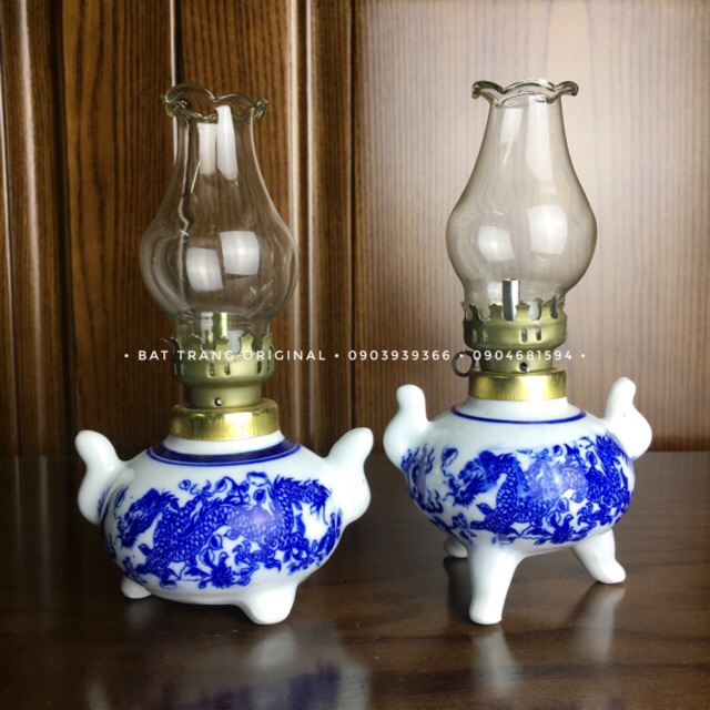 Đèn dầu thờ ba chân Bát Tràng men trắng vẽ rồng phượng