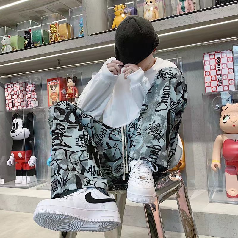 Quần dài thể thao ống rộng in họa tiết graffiti phong cách hiphop đường phố cho nam
