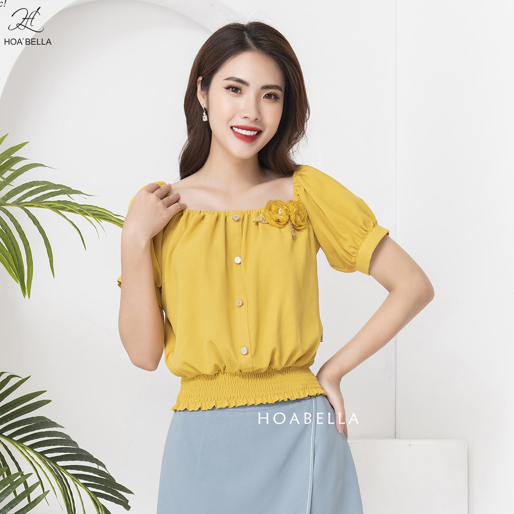 [Mã LT50 giảm 50k đơn 250k] Áo Kiểu Nữ HOABELLA Đính Hoa Dáng Croptop Chiết Eo Nữ Tính (MA87)
