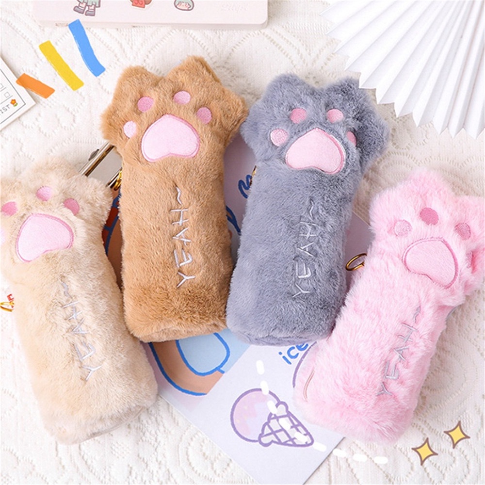 Túi Đựng Bút/ Mỹ Phẩm Hình Chân Mèo Phủ Lông Dễ Thương Sức Chứa Lớn Tiện Dụng Cho Trường Học/ Văn Phòng