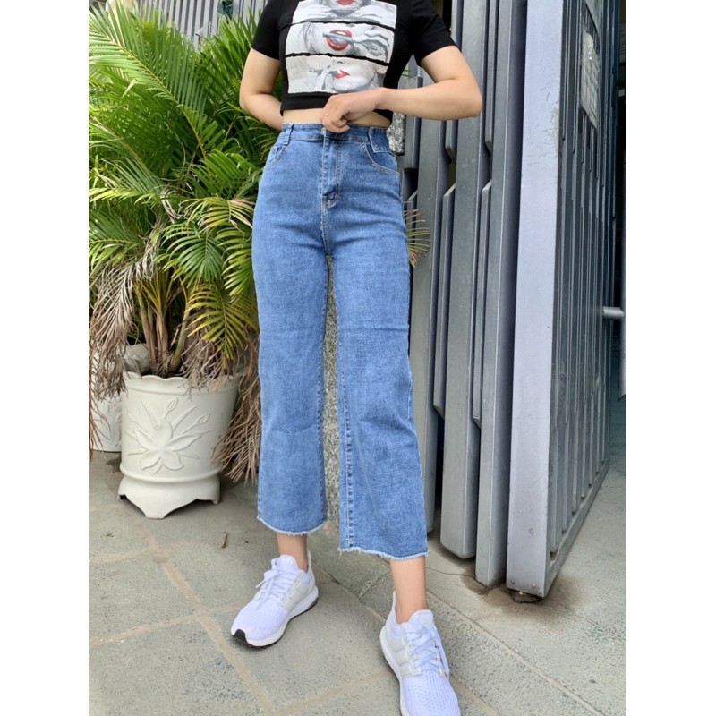 Quần jean ống suông co giãn lửng