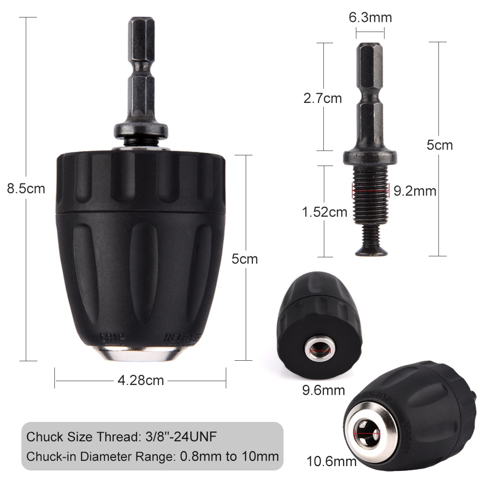 Đầu măng ranh kẹp mũi khoan 0.8-10mm 3/8-24UNF (Đầu Chuyển Đổi Bắn Bắt Vít Lục Giác Sang Máy Khoan)