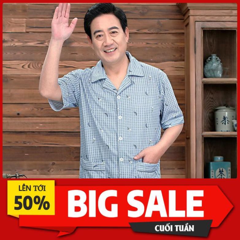 đồ ngủ trung niên và cao tuổi nam mùa hè cotton ngắn tay ngắn tay đồ ngủ trung niên mỏng mùa hè cho người già ở nhà d *