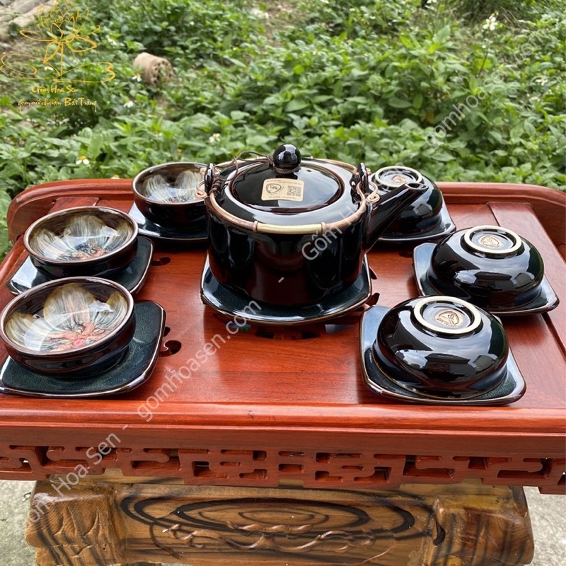Bộ Ấm Trà 3 chân nâu - Ấm chén Nghệ Nhân hoa nở trong lòng chén - Bình cốc men hoả biến Bát tràng cao cấp