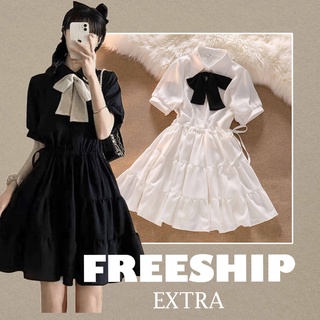 V026 Đầm nữ đen trắng cổ nơ xòe 3 tầng cộc tay bồng Váy babydoll BBD tiểu thư công chúa nữ sinh bánh bèo Uzzang