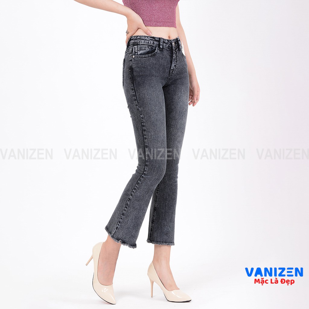 Quần jean nữ ống loe đẹp lưng cao cạp cao trơn xám khói hàng hiệu cao cấp mã 412 VANIZEN