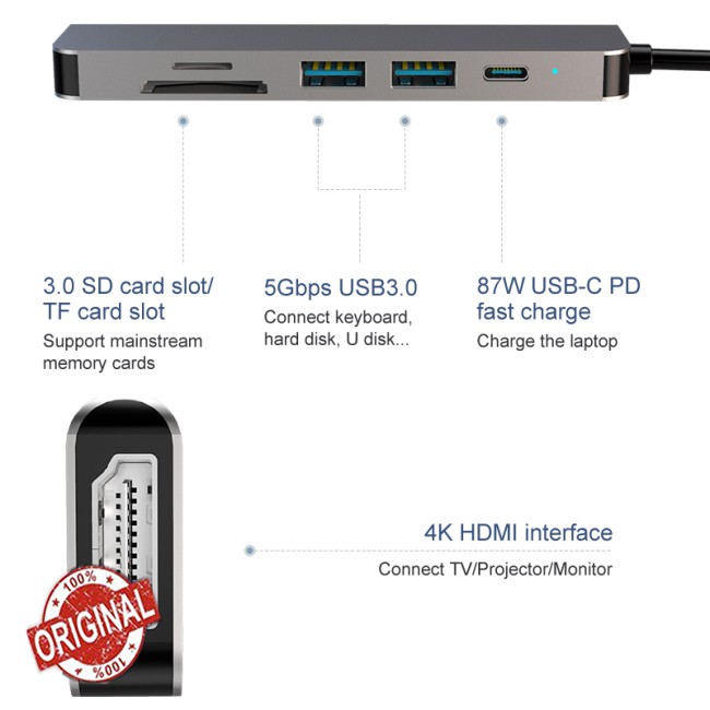 【SELL COD】 6in1 Type C to 4K HDMI 87W High-Speed PD Charging USB3.1 Hub 6 in 1 Docking Station