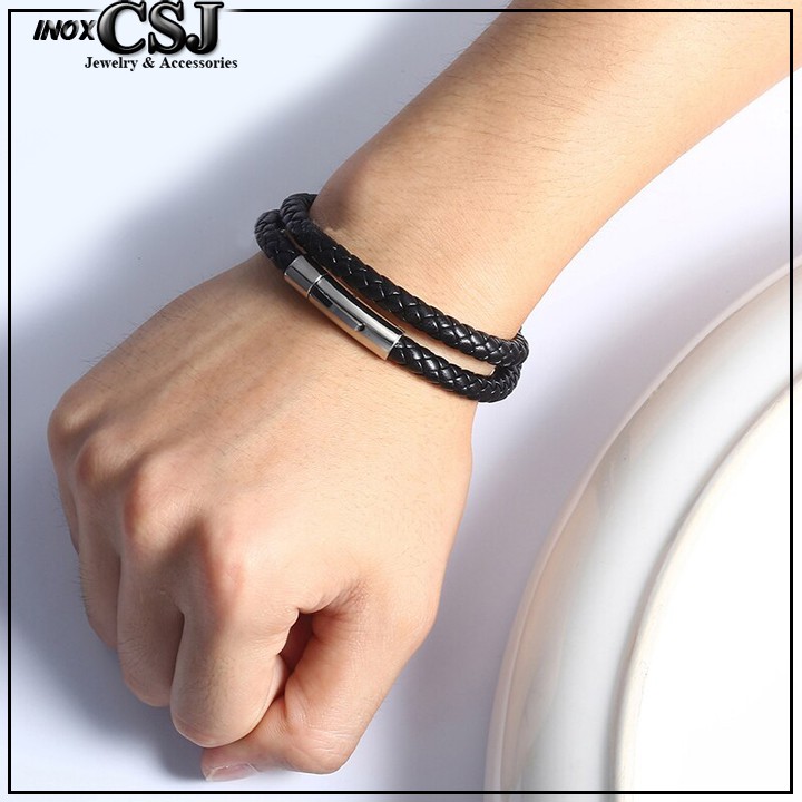 VÒNG TAY NAM DA SIMILI ĐEN KHÓA INOX CAO CẤP siêu đẹp, chuẩn thời trang