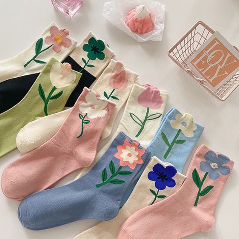 Tất cổ cao nữ họa tiết 3D hình bông hoa siêu xinh chất Cotton mềm mịn co giãn khử mùi thấm hút mồ hôi cực tốt TD048