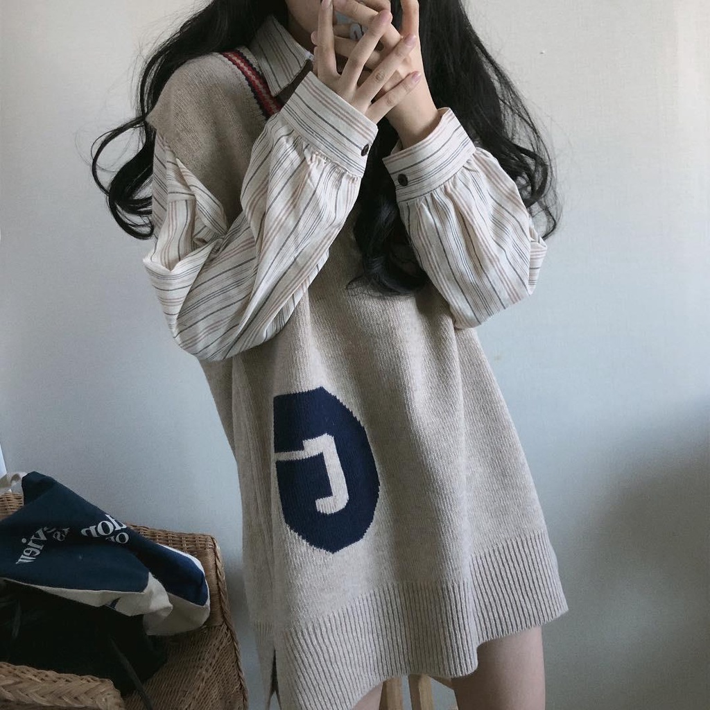 Set Áo Sơ Mi Tay Dài Họa Tiết Kẻ Sọc Và Áo Len Không Tay Dáng Rộng Thời Trang Phong Cách Hàn Quốc