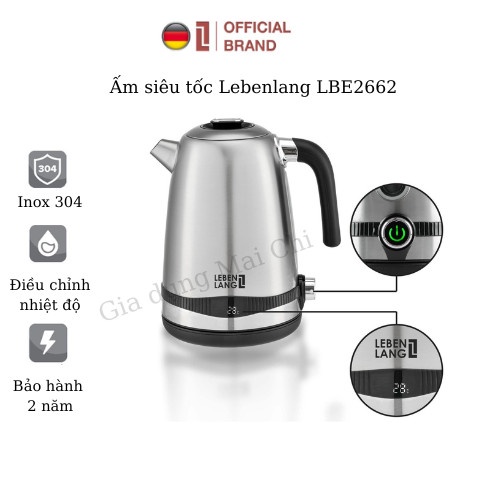 Ấm siêu tốc inox bình siêu tốc inox LEBENLANG LBE2662 1.7L điều khiển nhiệt độ, bảo hành đổi mới trong 2 năm