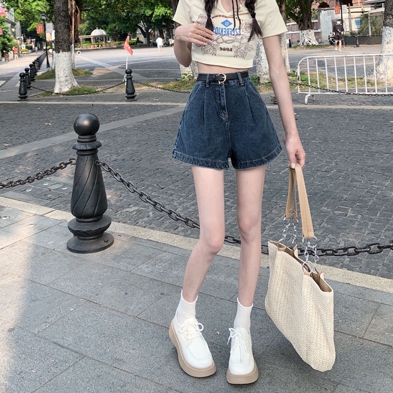 Quần Short Denim Ống Rộng Lưng Cao Phong Cách Hàn Quốc Mới Cho Nữ
