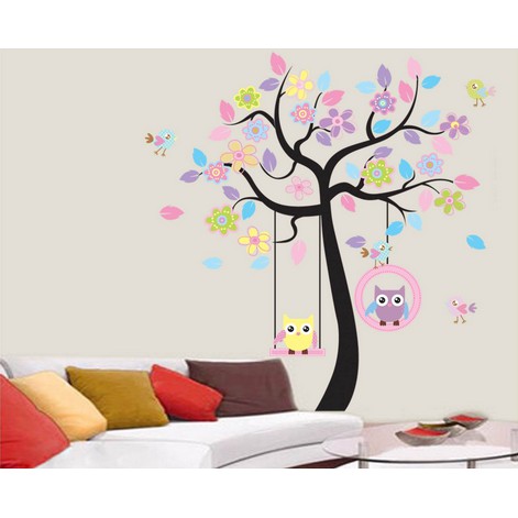 Decal dán tường cho bé Hình Cây đủ màu và tổ chim cú dễ thương - Decal AmyShop