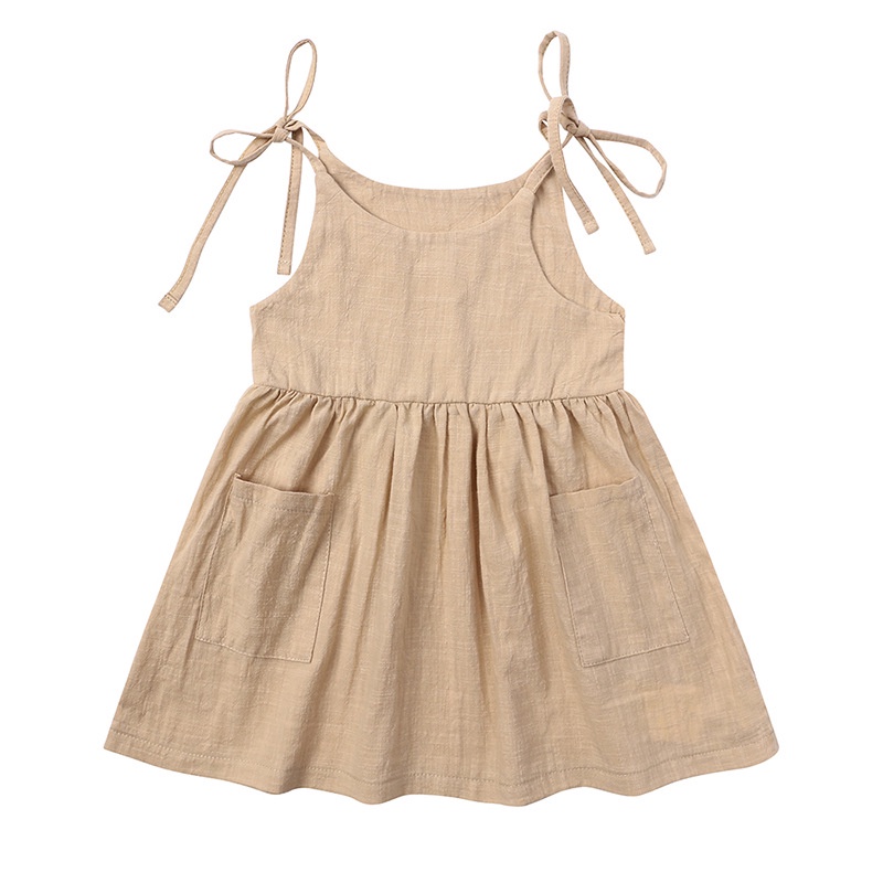 Đầm Cotton Lanh Hai Dây Màu Trơn Có Túi Thoáng Khí Dành Cho Bé Gái 1-6 Tuổi