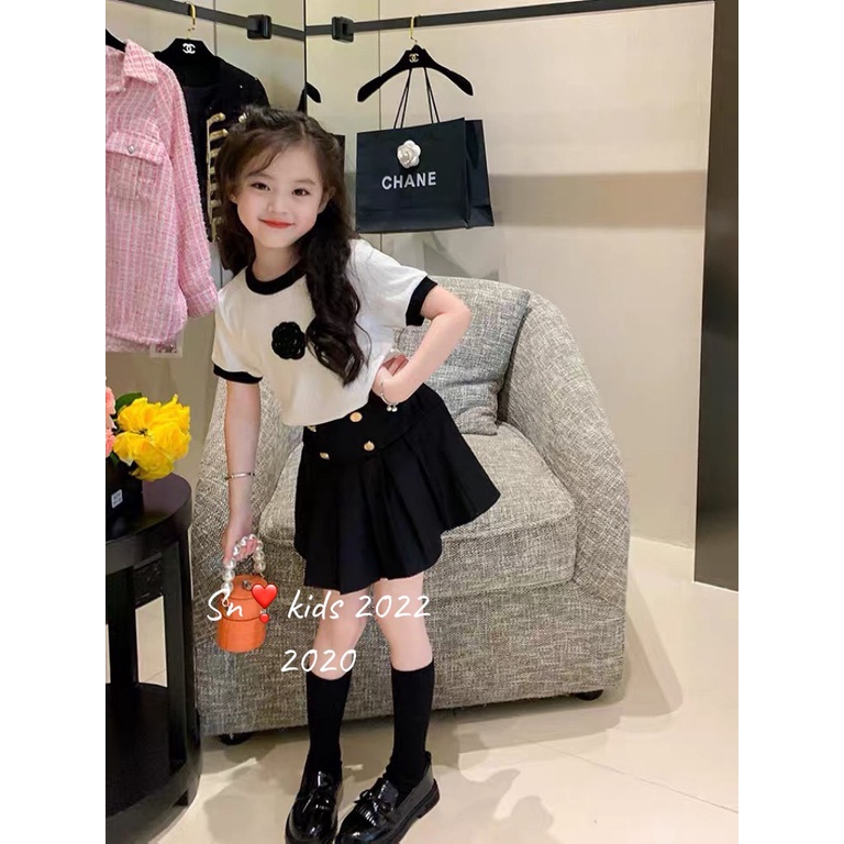 Sét váy tiểu thư cho bé gái, set áo tăm đũa hoa trà đen phối chân váy xòe xếp ly ( có lớp lót) cho bé sz 10-32kg