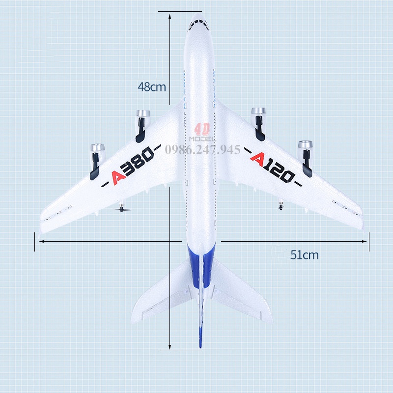 Máy Bay Điều Khiển 3 kênh Airbus A380 . Size 48*51*18cm. Pin 15 phút. Có mạch cân bằng, lái siêu dễ