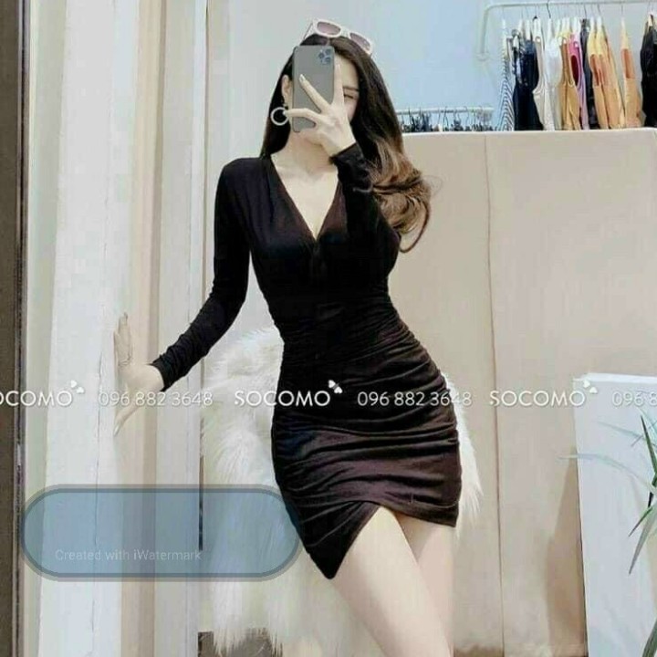 Đầm body tay dài cổ V vạt xéo nhún hông