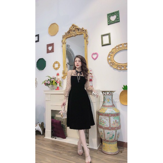 Đầm nhung thiết kế tay phối voan chấm bi nơ cổ