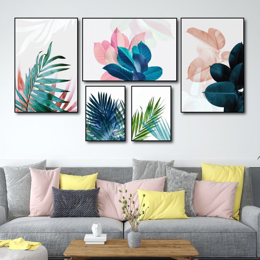 Tranh treo tường canvas lá nghệ thuật 4 decor trang trí phòng khách &amp; phòng ngủ có khung cao cấp bộ 5 bức tặng đinh treo