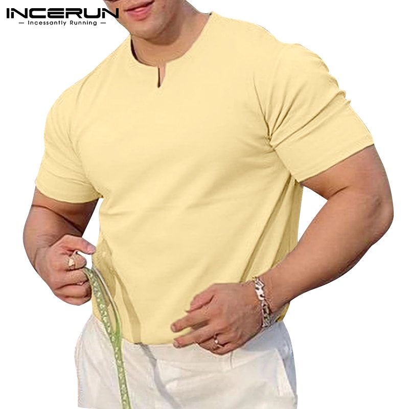 Áo thun nam Incerun ngắn tay dáng ôm phong cách đơn giản nhiều màu lựa chọn