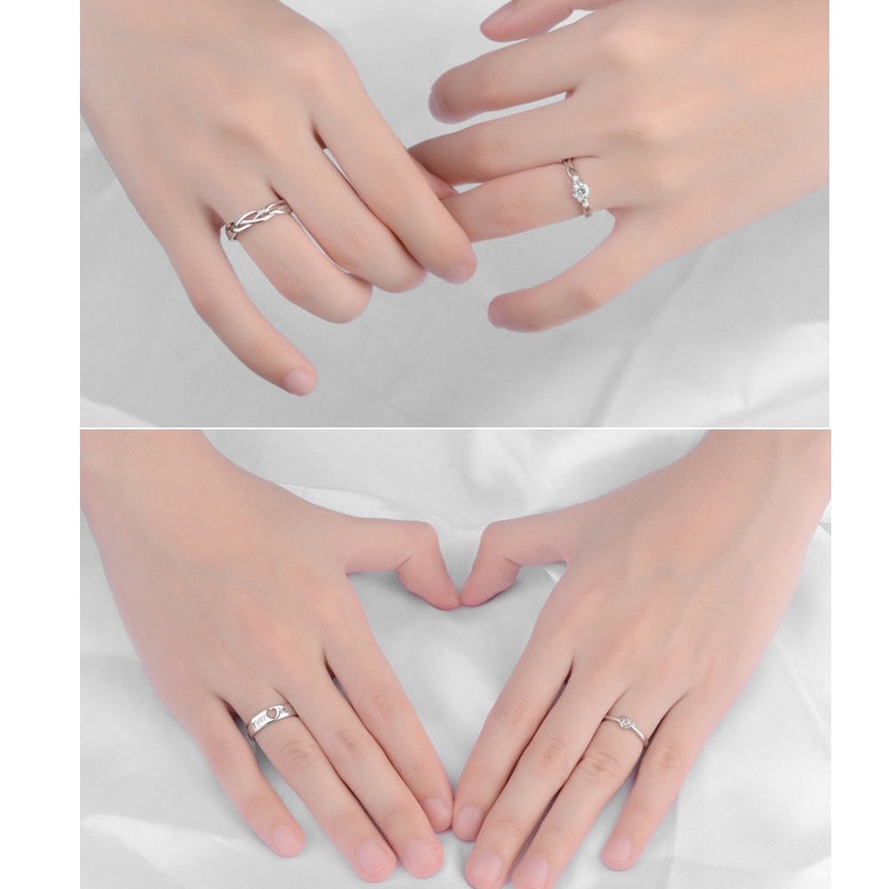 1 cặp nhẫn đôi mạ bạc hình trái tim có thể điều chỉnh kích thước cho nam nữ