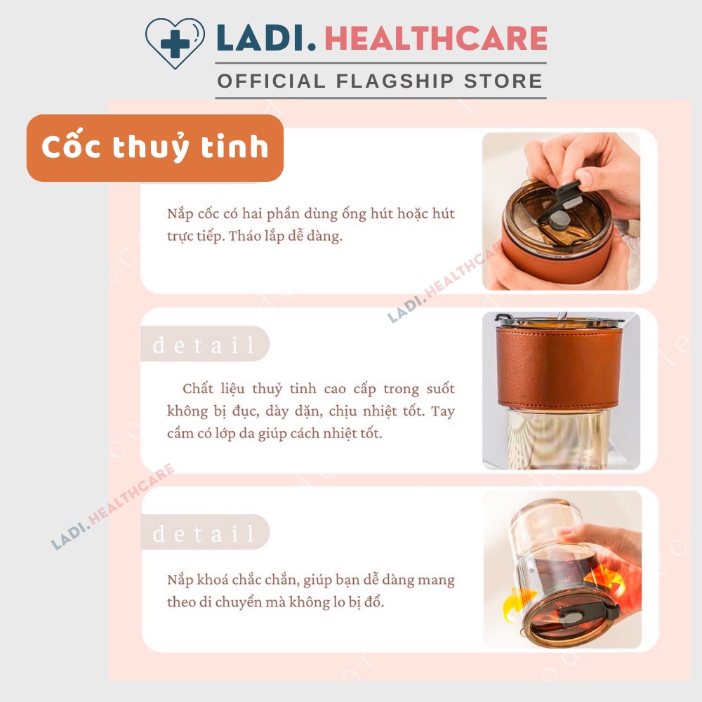 Cốc thuỷ tinh 450ml tặng Sticker trang trí ly, bình nước thuỷ tinh có nắp kèm bao da