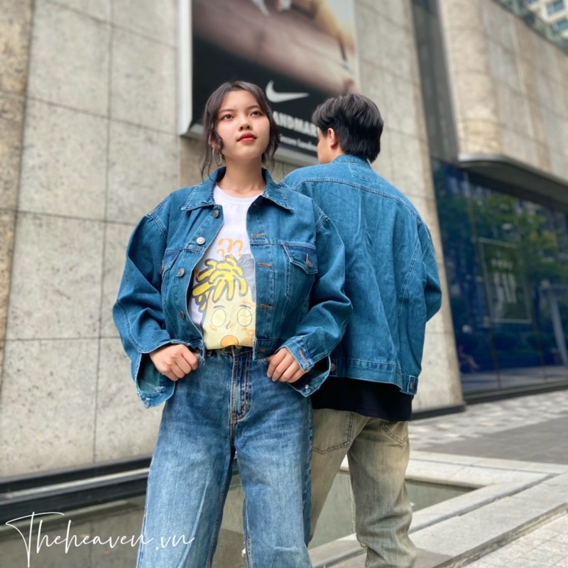 Áo khoác jean bò Xanh Vintage ánh rêu form rộng unisex nam nữ, có 6 túi và túi trong, hàng cao cấp