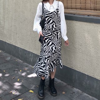 (ORDER) Váy hai dây xòe dài nhún bèo đuôi cá họa tiết ngựa vằn style retro cá tính Hàn Quốc