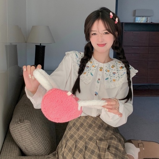 ZHELIHANGFEI Áo Sơ Mi Tay Dài Dáng Rộng Cổ Búp Bê Thêu Họa Tiết Xinh Xắn Phong Cách Nhật Bản