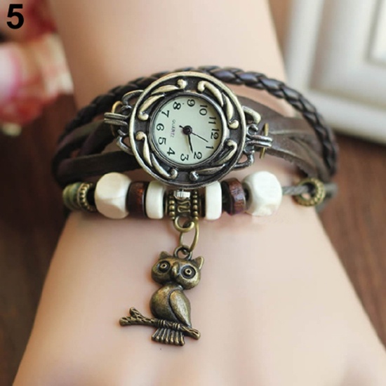 MACmk Women Retro Braided Faux Leather Bracelet Owl Decor Beaded Quartz Wrist Watch