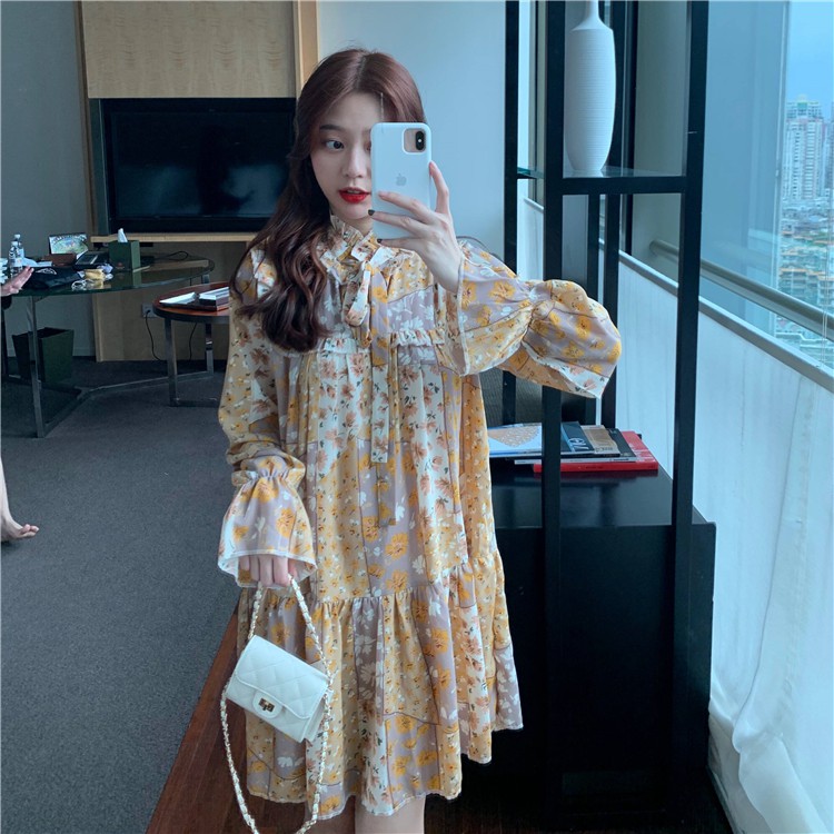 Đầm suông hoa đuôi cá form ngắn phong cách Hàn Quốc ulzzang
