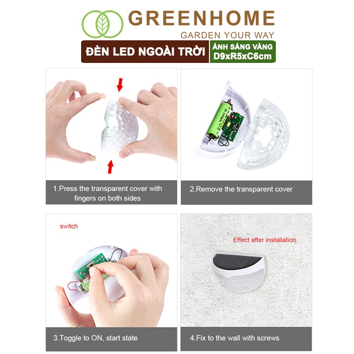 Đèn led năng lượng mặt trời, D9xR5xC6cm, ánh sáng vàng, trang trí sân vườn, cầu thang, nhiều màu lựa chọn |Greenhome