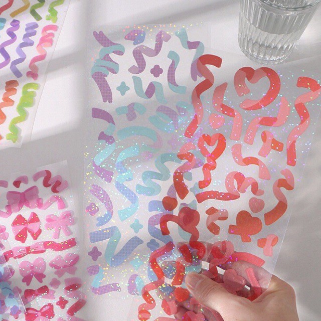 Sticker ribbon confetti hologram toploader nơ kim tuyến dán trang trí sổ tay